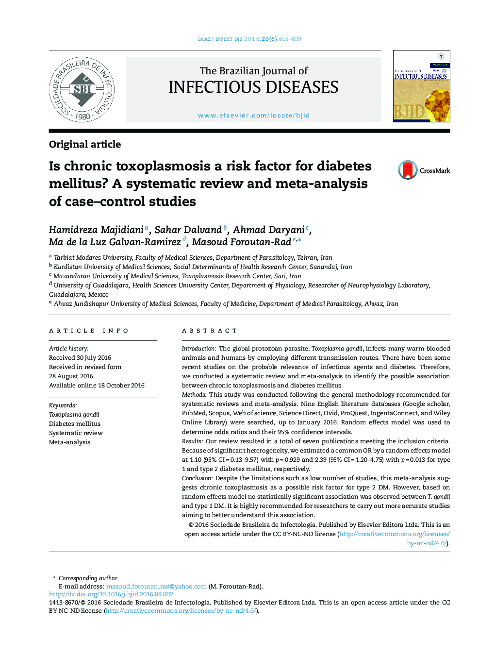 Is chronic toxoplasmosis a risk factor for diabetes mellitus? A systematic review and meta-analysis of case-control studies