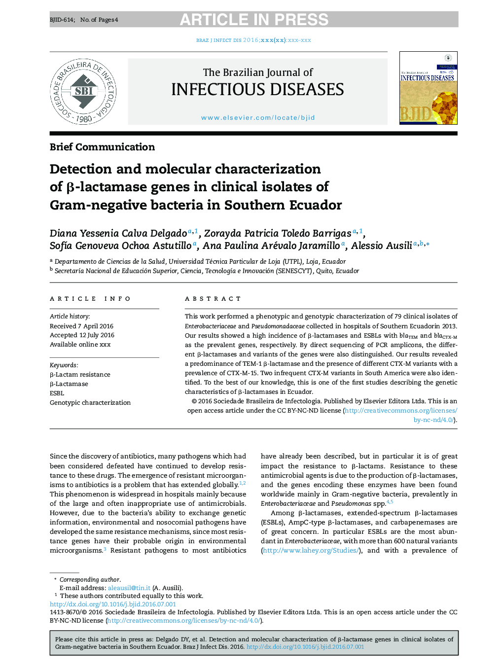 Detection and molecular characterization of Î²-lactamase genes in clinical isolates of Gram-negative bacteria in Southern Ecuador