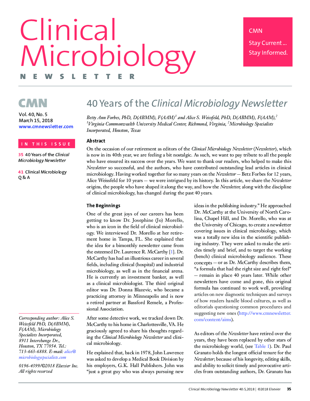 40 Years of the Clinical Microbiology Newsletter