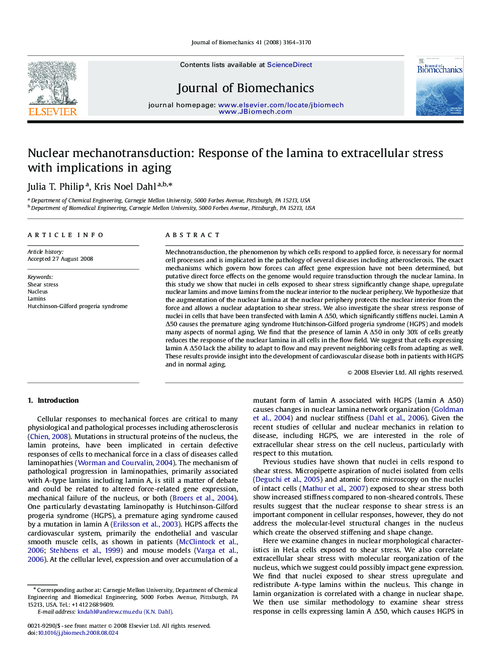 Nuclear mechanotransduction: Response of the lamina to extracellular stress with implications in aging