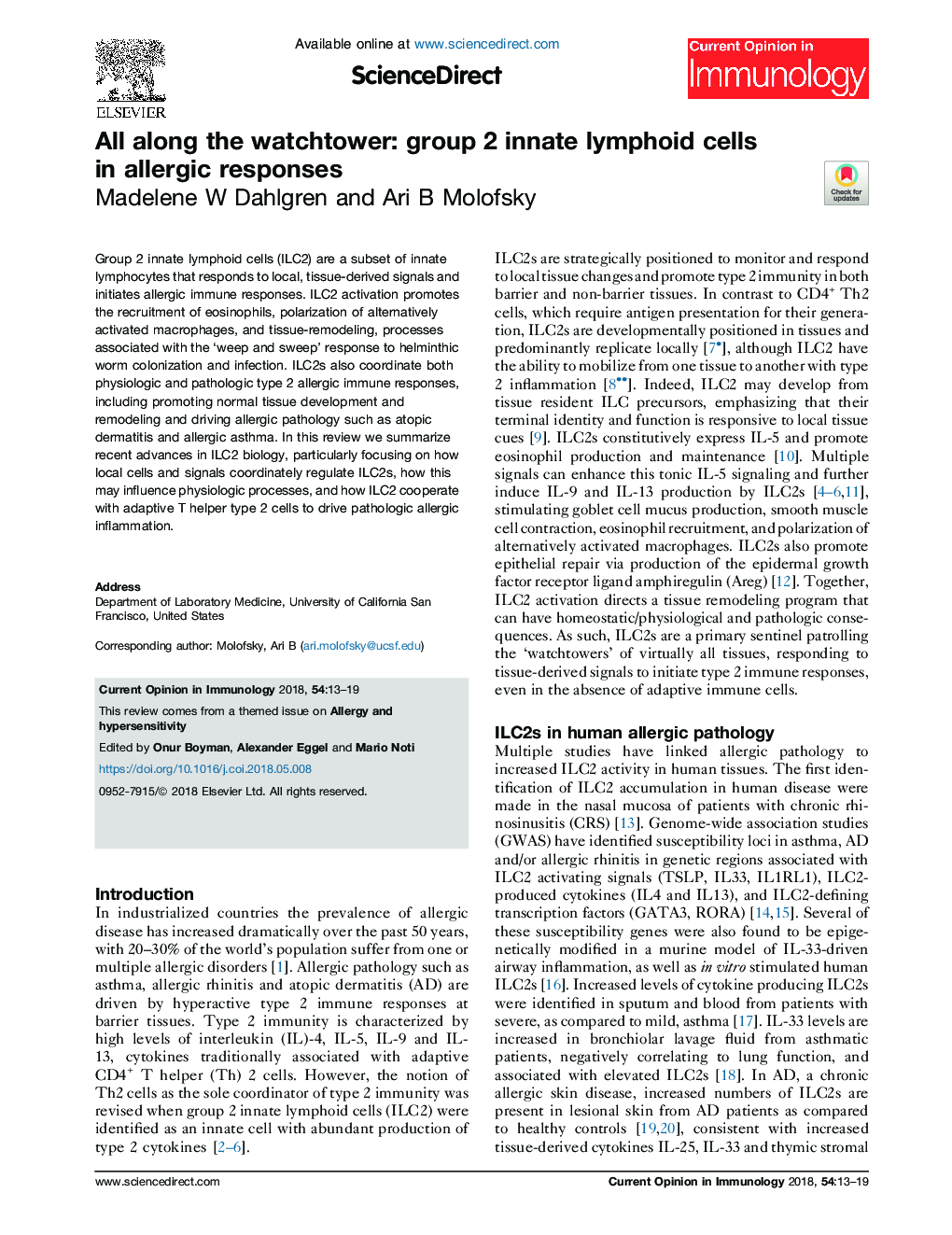 All along the watchtower: group 2 innate lymphoid cells in allergic responses