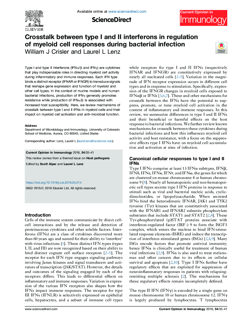 عکس صفحه اول مقاله: Crosstalk between type I and II interferons in regulation of myeloid cell responses during bacterial infection Crosstalk between type I and II interferons in regulation of myeloid cell responses during bacterial infection