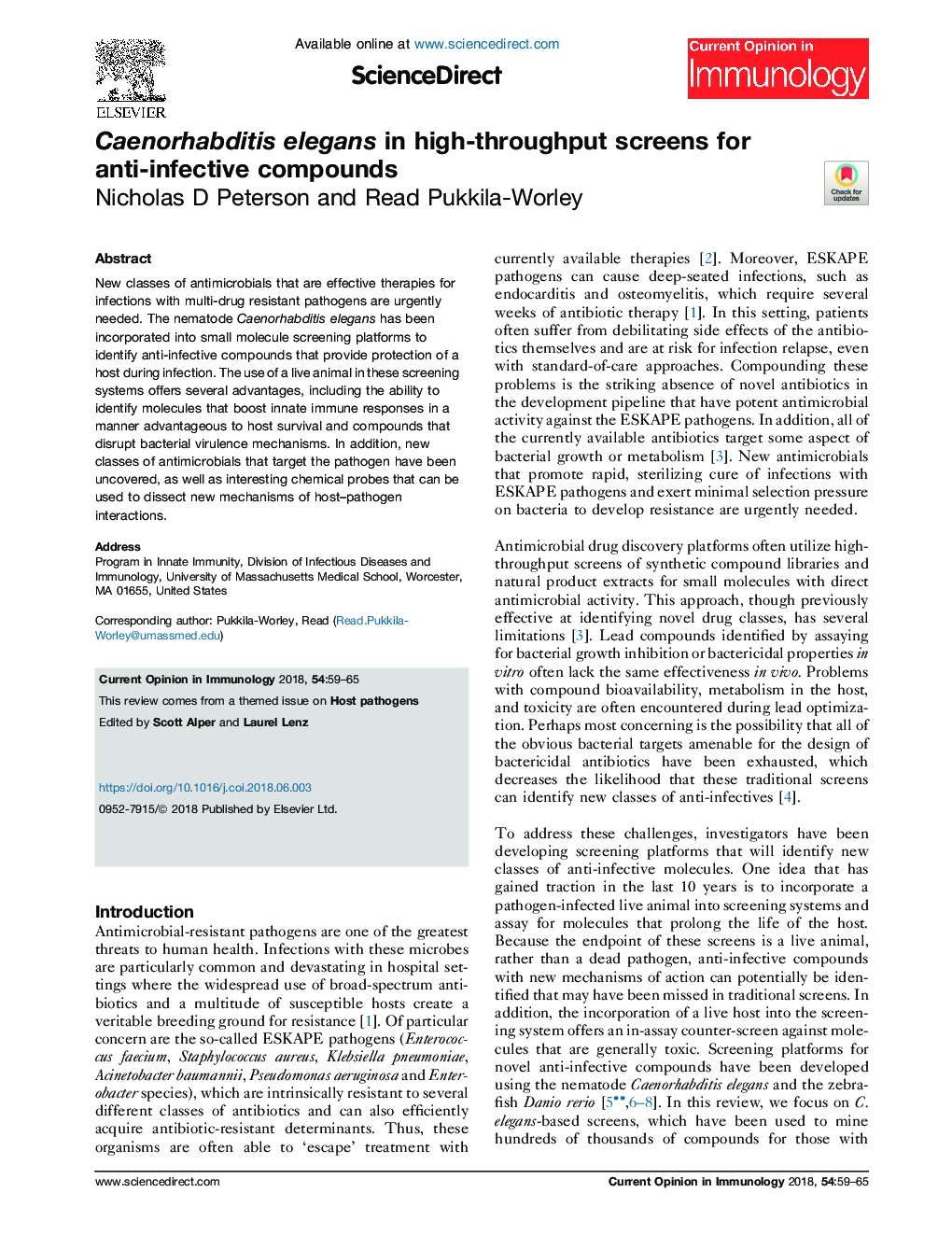 Caenorhabditis elegans in high-throughput screens for anti-infective compounds