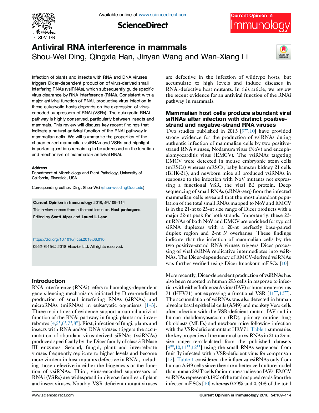 Antiviral RNA interference in mammals