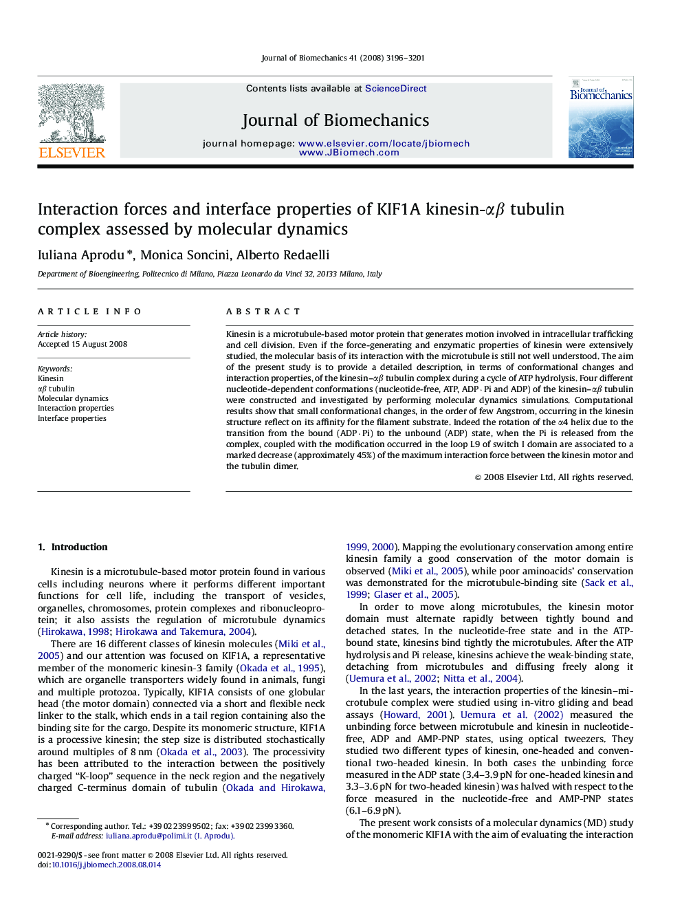 Interaction forces and interface properties of KIF1A kinesin-αβ tubulin complex assessed by molecular dynamics