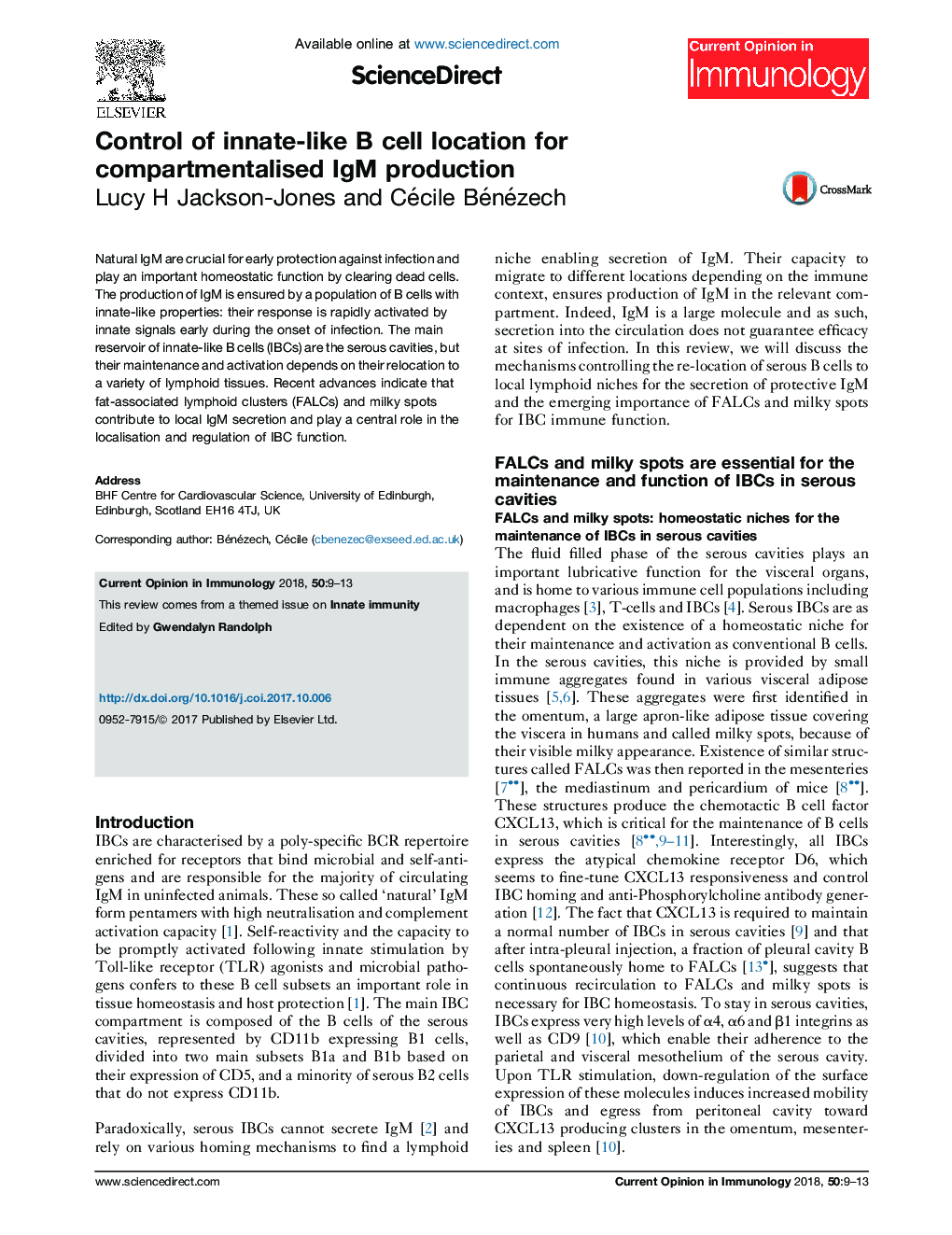 عکس صفحه اول مقاله: Control of innate-like B cell location for compartmentalised IgM production Control of innate-like B cell location for compartmentalised IgM production
