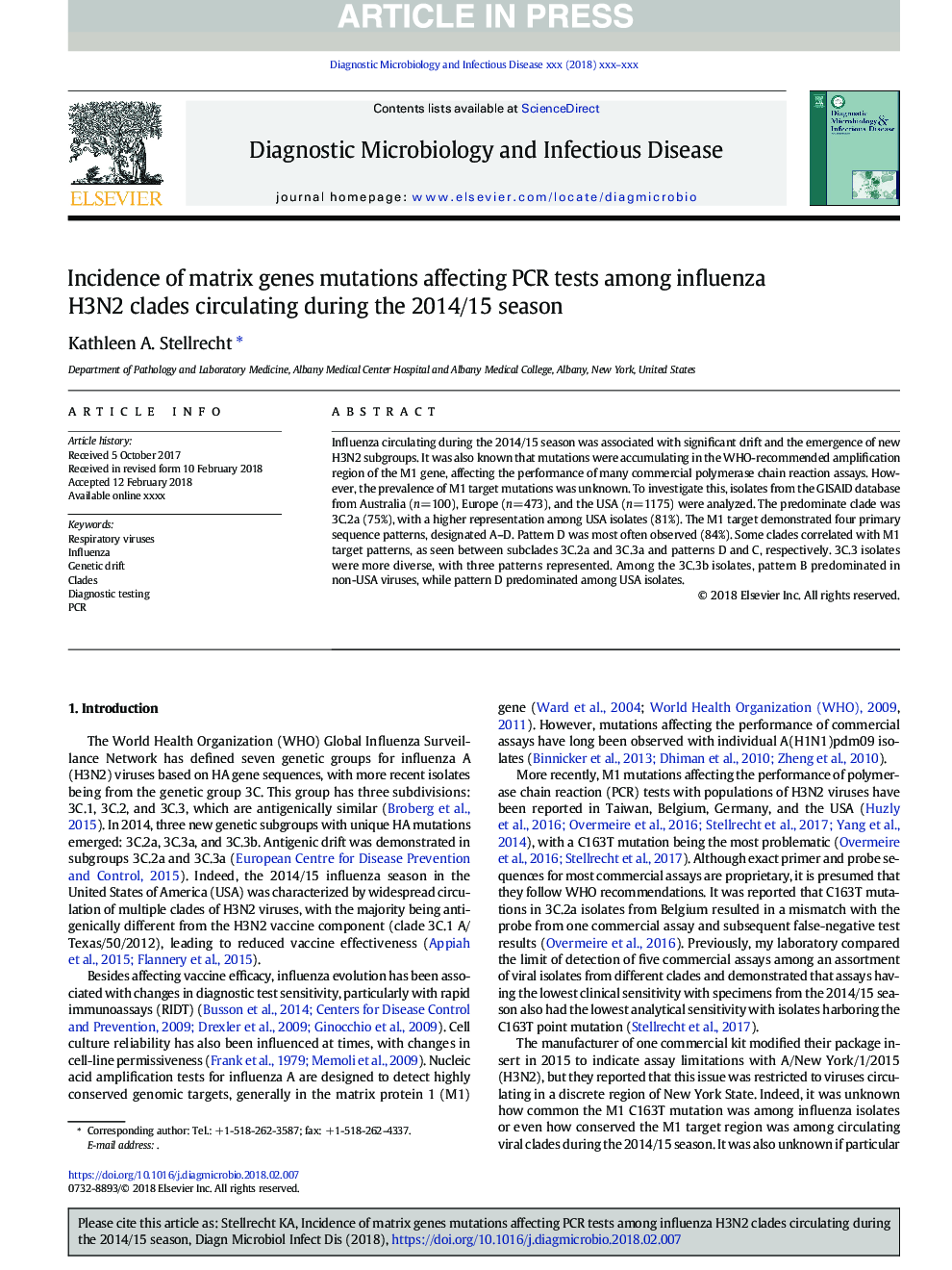 Incidence of matrix genes mutations affecting PCR tests among influenza H3N2 clades circulating during the 2014/15 season