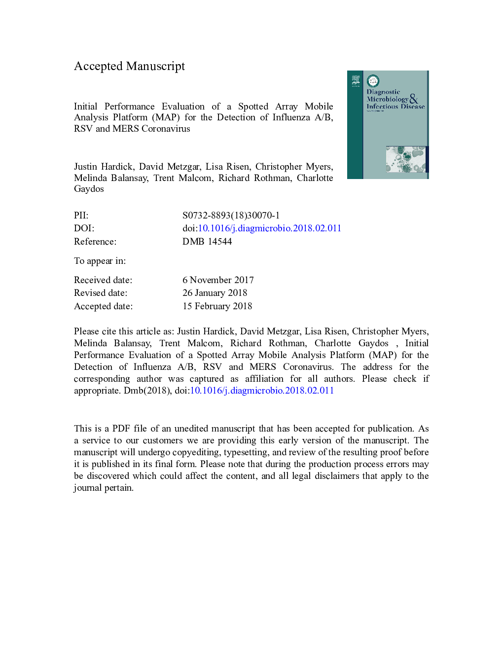 Initial performance evaluation of a spotted array Mobile Analysis Platform (MAP) for the detection of influenza A/B, RSV, and MERS coronavirus