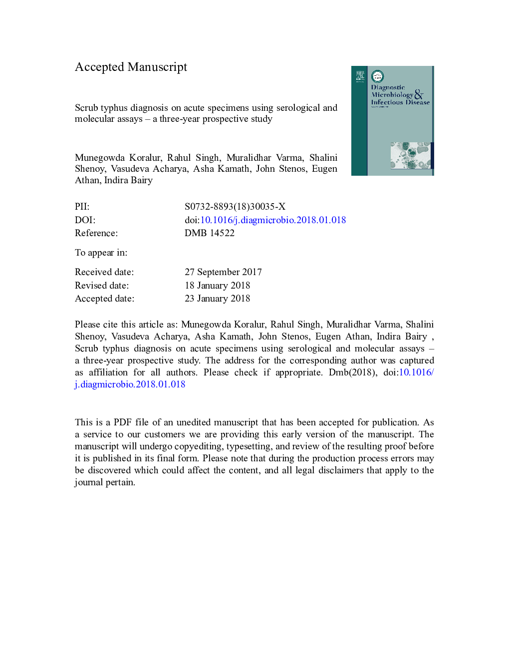 Scrub typhus diagnosis on acute specimens using serological and molecular assays - a 3-year prospective study