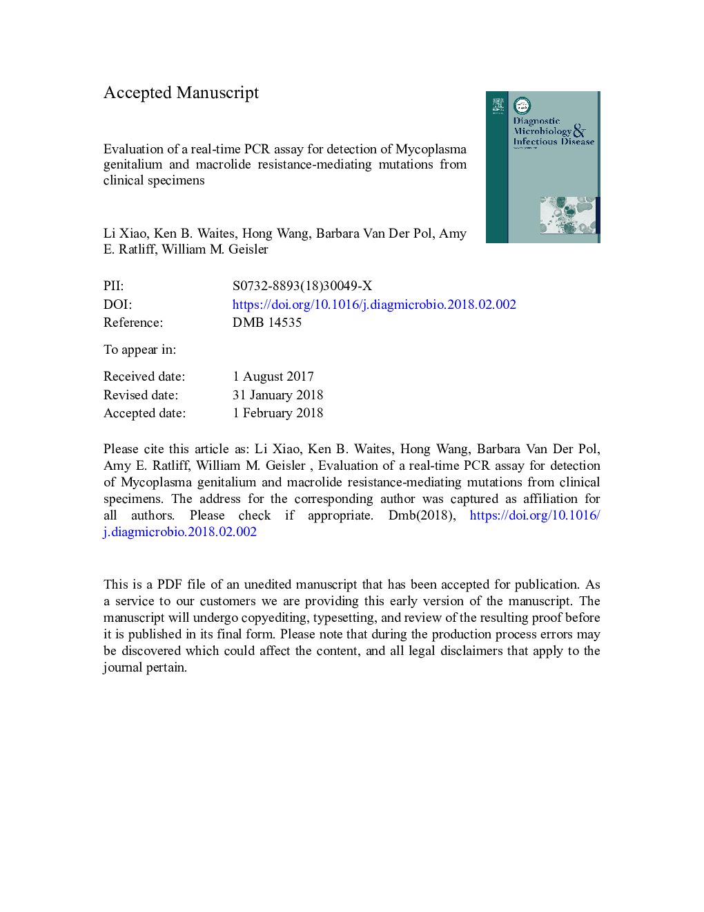 Evaluation of a real-time PCR assay for detection of Mycoplasma genitalium and macrolide resistance-mediating mutations from clinical specimens