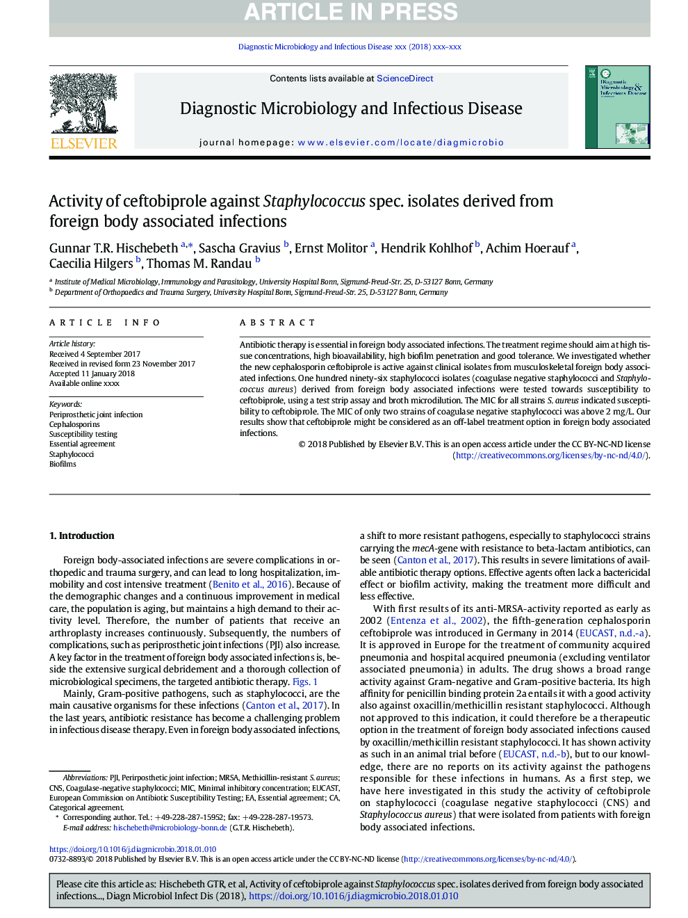 Activity of ceftobiprole against Staphylococcus spec. isolates derived from foreign body associated infections