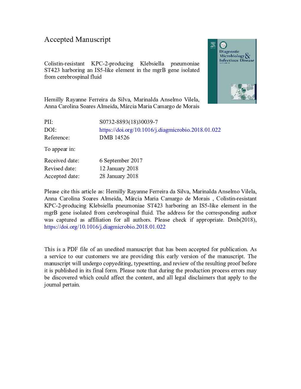 Colistin-resistant KPC-2-producing Klebsiella pneumoniae ST423 harboring an IS5-like element in the mgrB gene isolated from cerebrospinal fluid