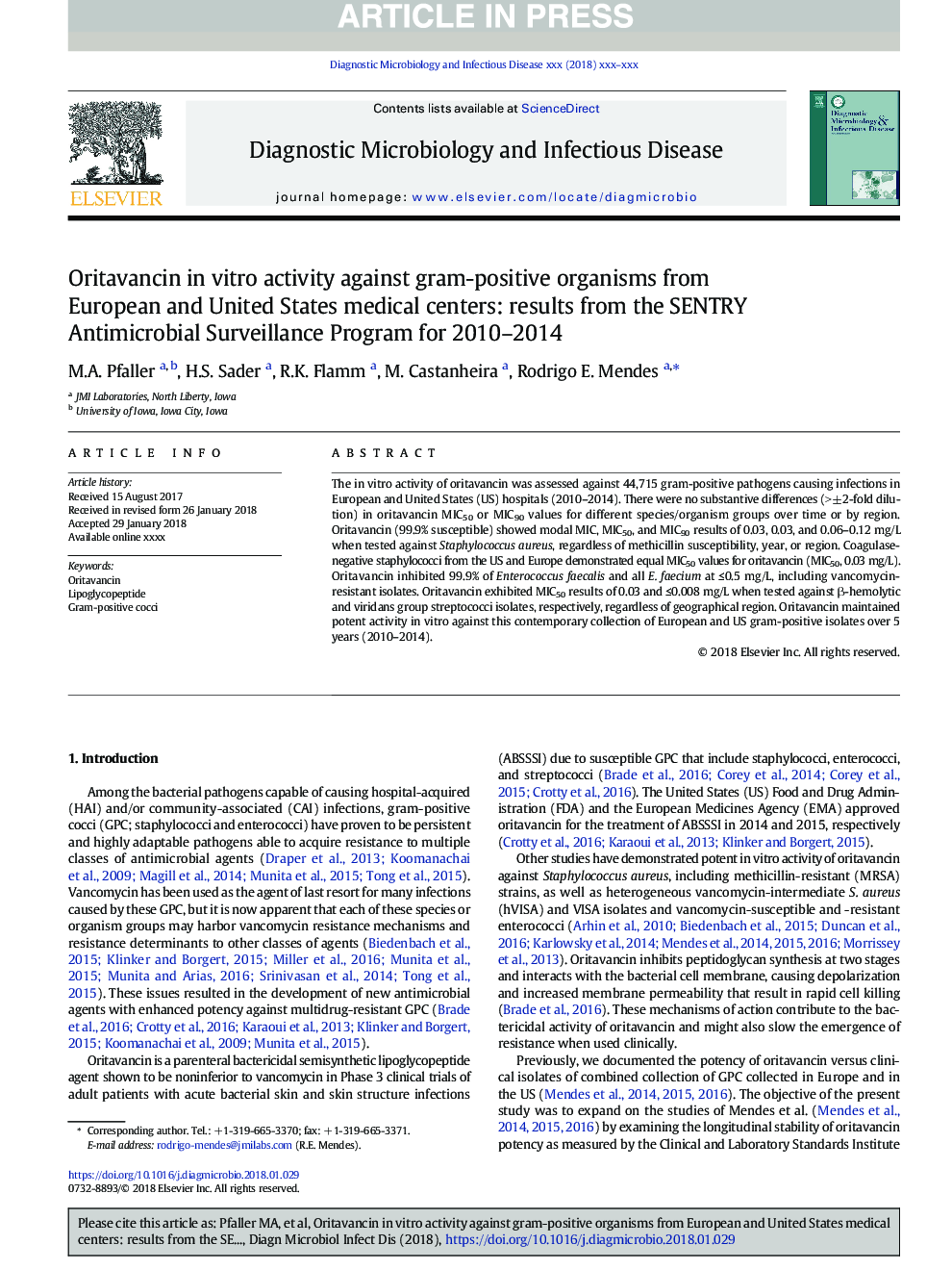 Oritavancin in vitro activity against gram-positive organisms from European and United States medical centers: results from the SENTRY Antimicrobial Surveillance Program for 2010-2014
