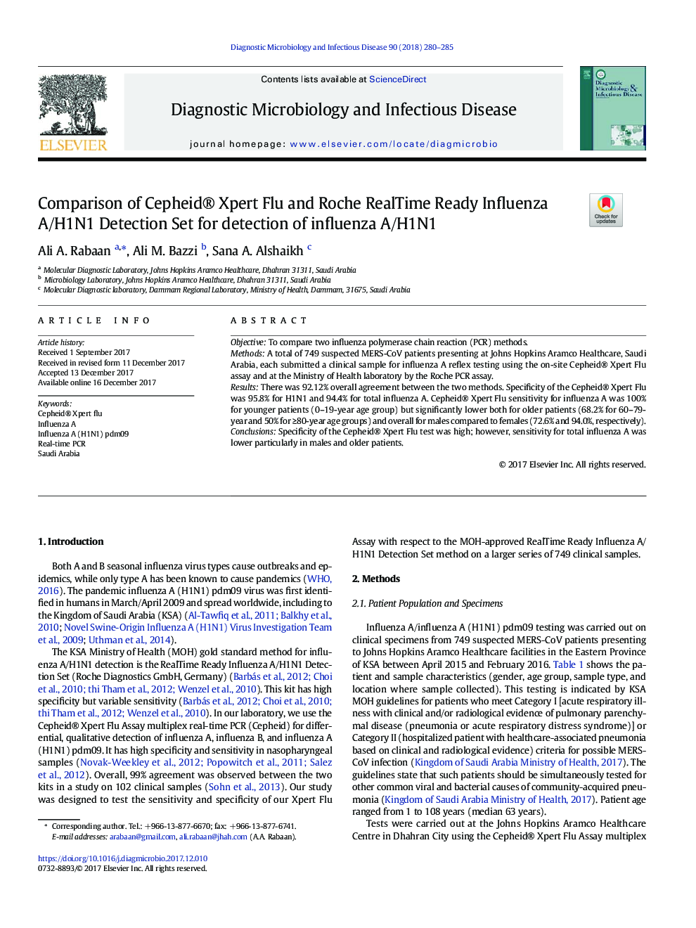 Comparison of Cepheid® Xpert Flu and Roche RealTime Ready Influenza A/H1N1 Detection Set for detection of influenza A/H1N1