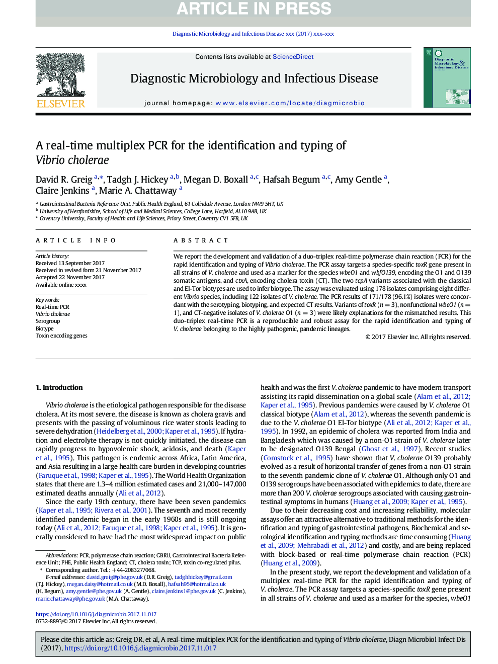 A real-time multiplex PCR for the identification and typing of Vibrio cholerae