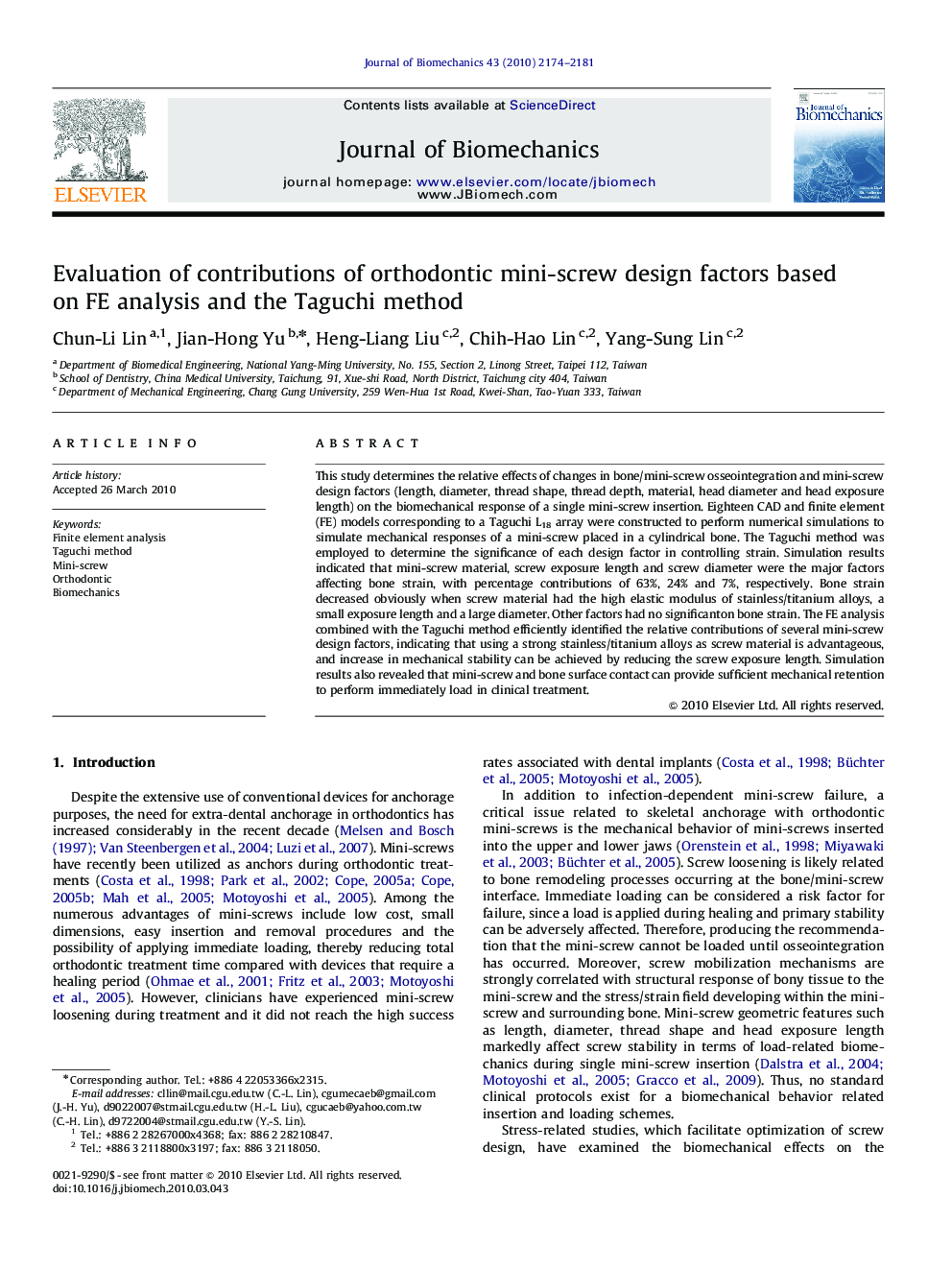 Evaluation of contributions of orthodontic mini-screw design factors based on FE analysis and the Taguchi method