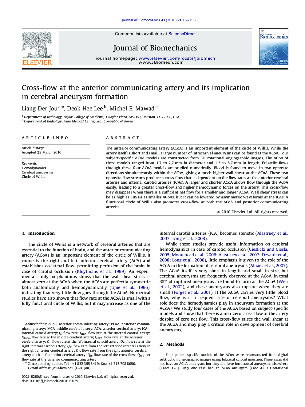 عکس صفحه اول مقاله: Cross-flow at the anterior communicating artery and its implication in cerebral aneurysm formation Cross-flow at the anterior communicating artery and its implication in cerebral aneurysm formation