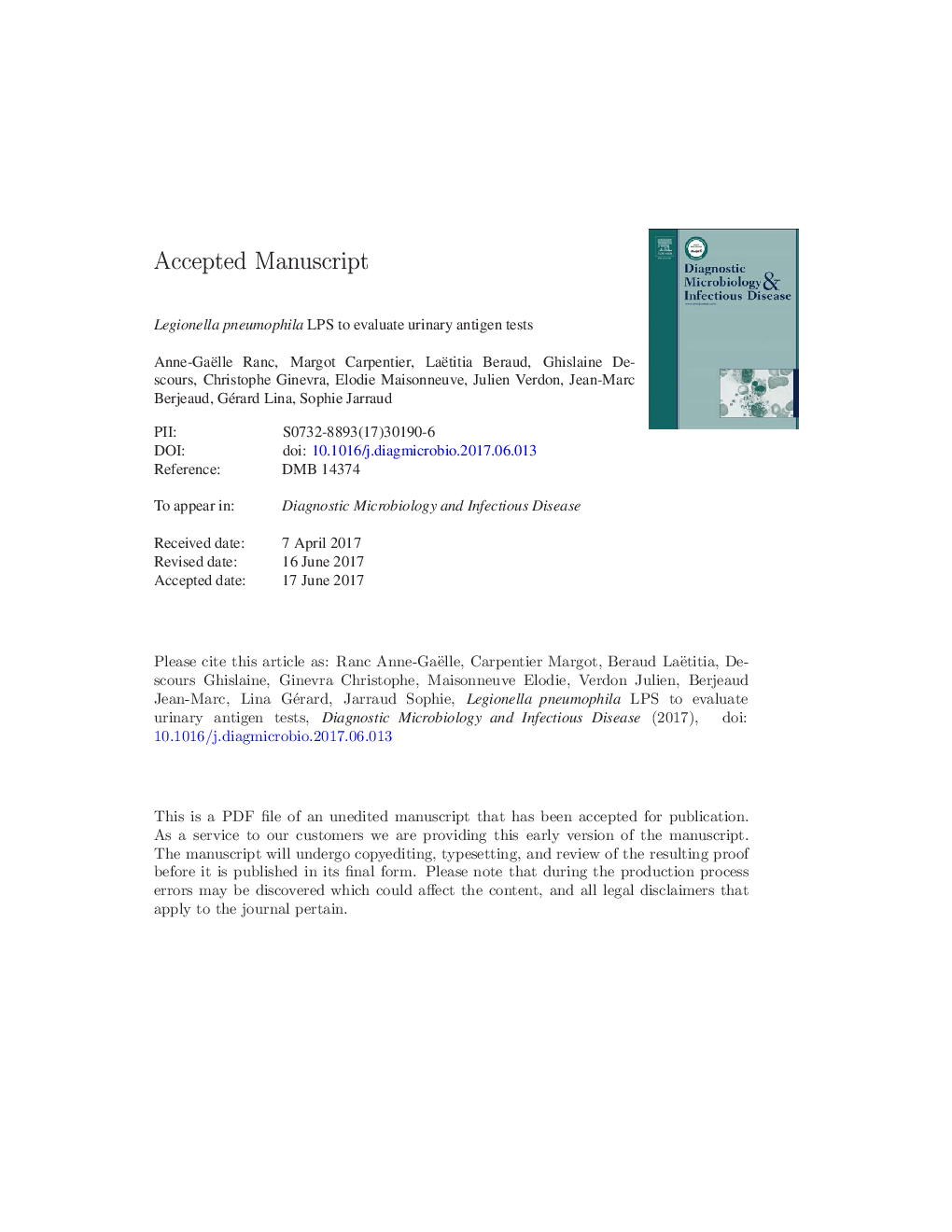 عکس صفحه اول مقاله: Legionella pneumophila LPS to evaluate urinary antigen tests Legionella pneumophila LPS to evaluate urinary antigen tests