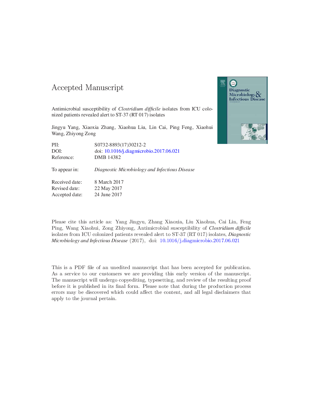 عکس صفحه اول مقاله: Antimicrobial susceptibility of Clostridium difficile isolates from ICU colonized patients revealed alert to ST-37 (RT 017) isolates Antimicrobial susceptibility of Clostridium difficile isolates from ICU colonized patients revealed alert to ST-37 (RT 017) isolates