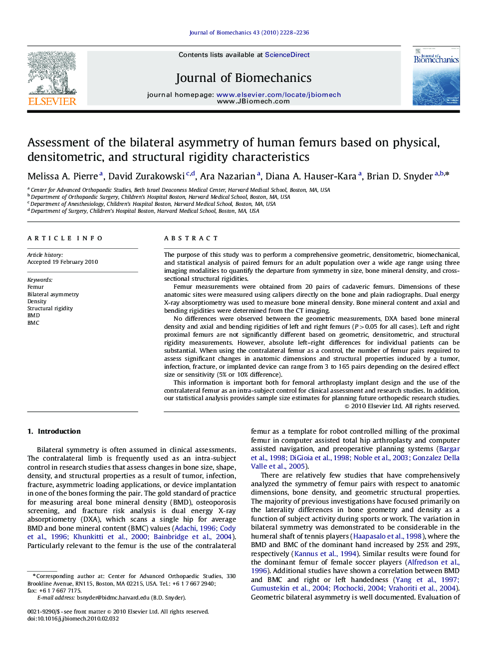 Assessment of the bilateral asymmetry of human femurs based on physical, densitometric, and structural rigidity characteristics