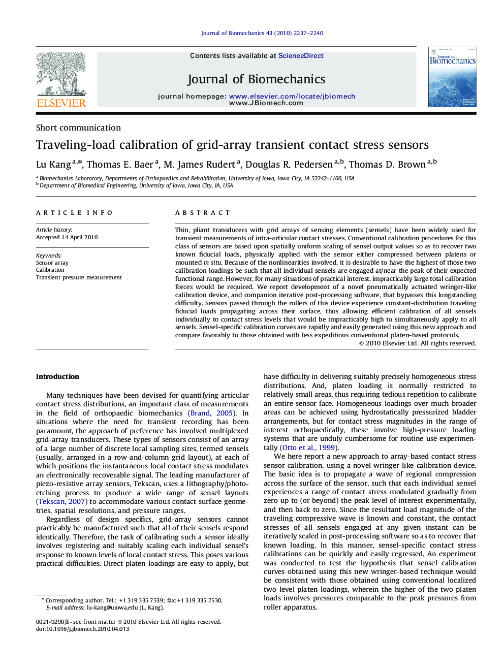 Traveling-load calibration of grid-array transient contact stress sensors