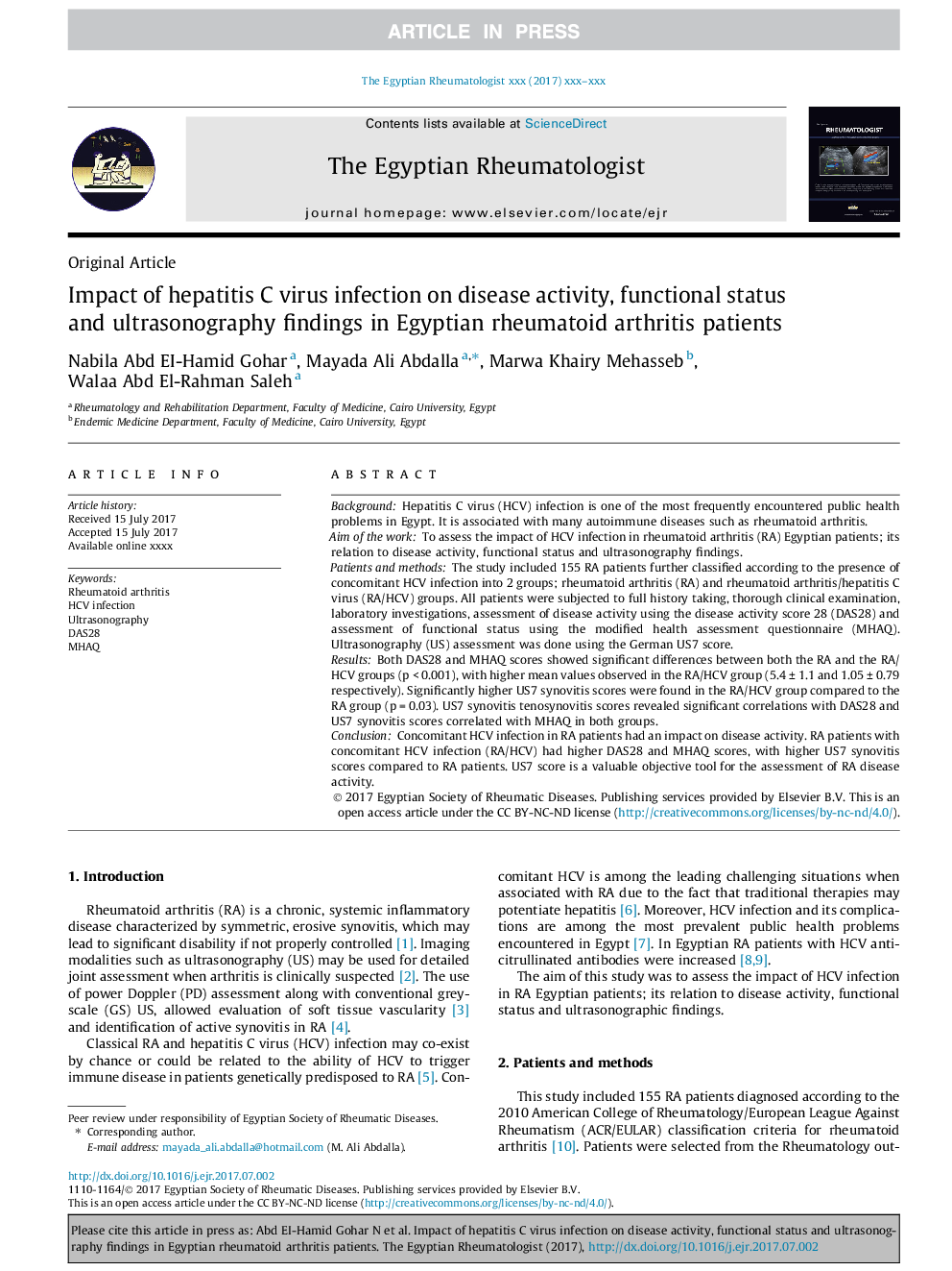 Impact of hepatitis C virus infection on disease activity, functional status and ultrasonography findings in Egyptian rheumatoid arthritis patients