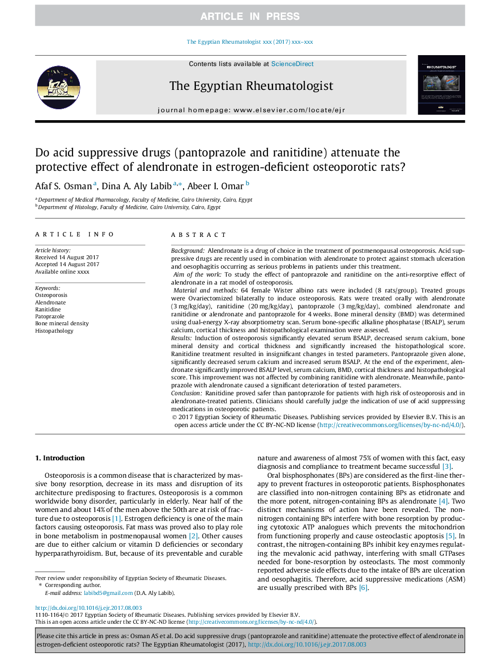 Do acid suppressive drugs (pantoprazole and ranitidine) attenuate the protective effect of alendronate in estrogen-deficient osteoporotic rats?