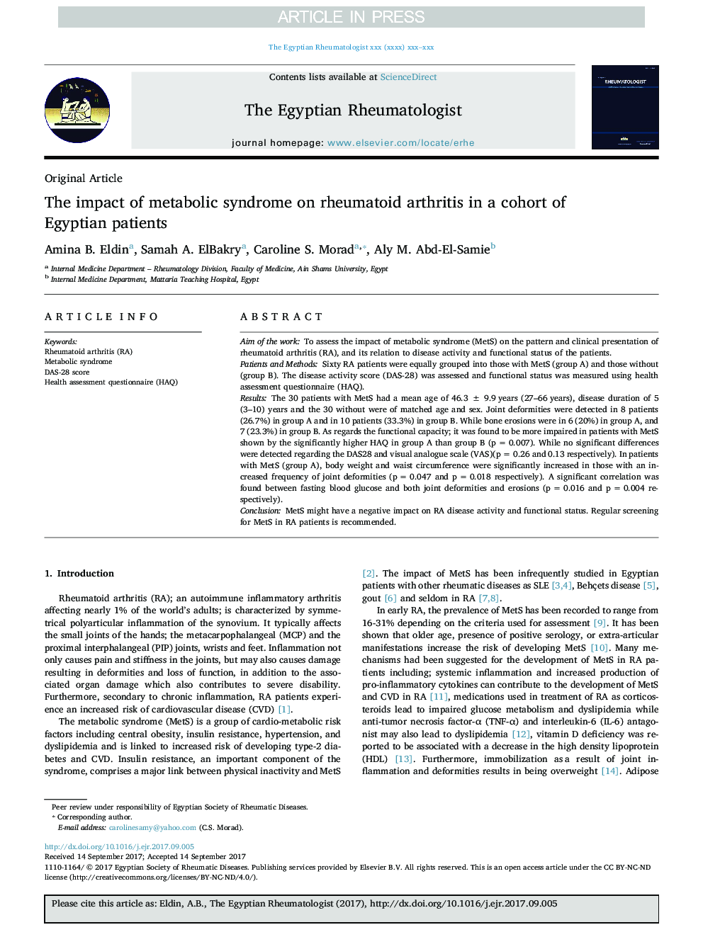 The impact of metabolic syndrome on rheumatoid arthritis in a cohort of Egyptian patients