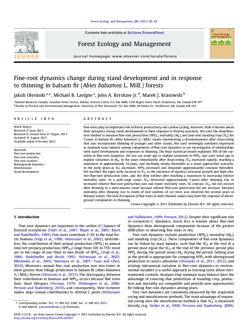 Fine-root dynamics change during stand development and in response to thinning in balsam fir (Abies balsamea L. Mill.) forests