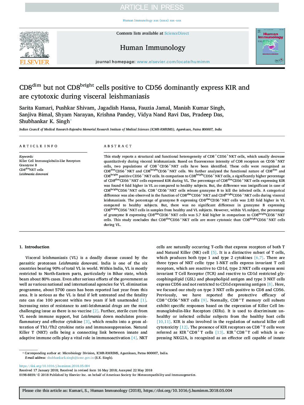 CD8dim but not CD8bright cells positive to CD56 dominantly express KIR and are cytotoxic during visceral leishmaniasis