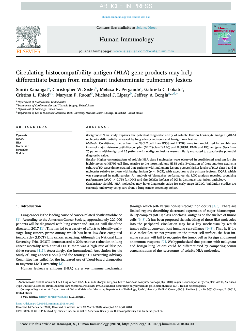 Circulating histocompatibility antigen (HLA) gene products may help differentiate benign from malignant indeterminate pulmonary lesions