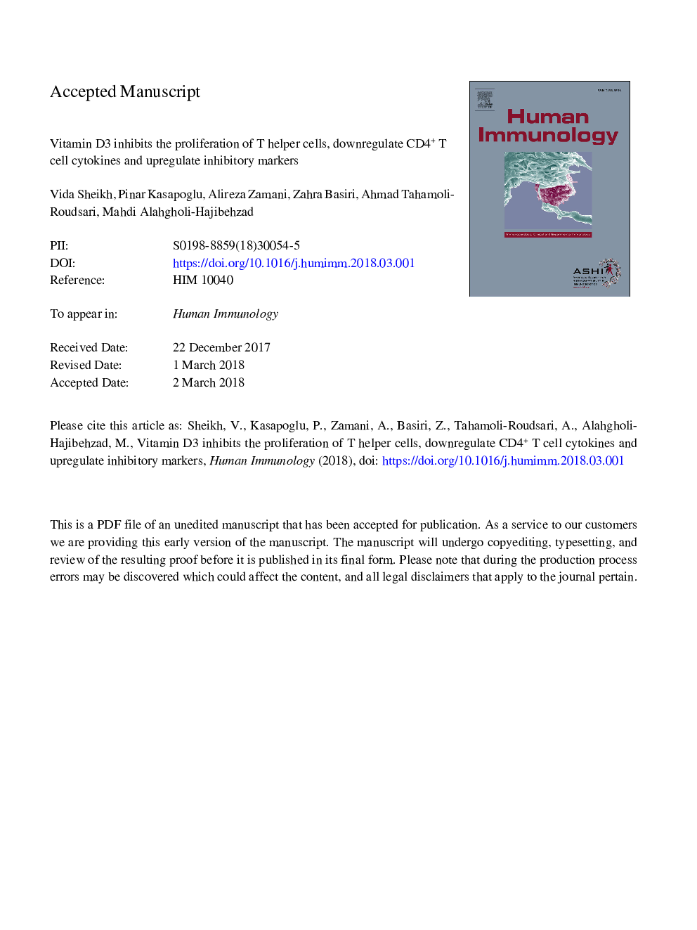 Vitamin D3 inhibits the proliferation of T helper cells, downregulate CD4+ T cell cytokines and upregulate inhibitory markers