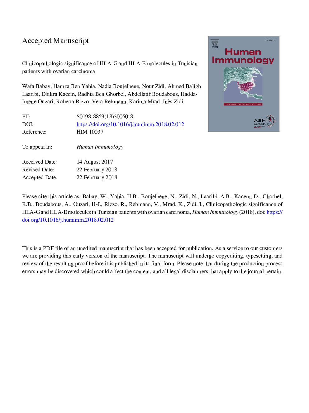 Clinicopathologic significance of HLA-G and HLA-E molecules in Tunisian patients with ovarian carcinoma