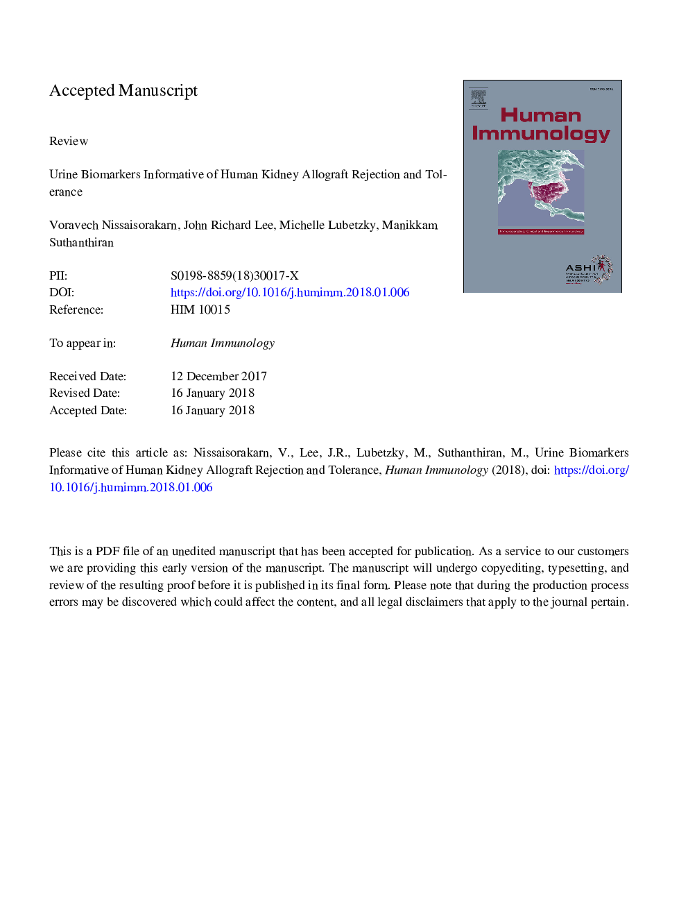 Urine biomarkers informative of human kidney allograft rejection and tolerance