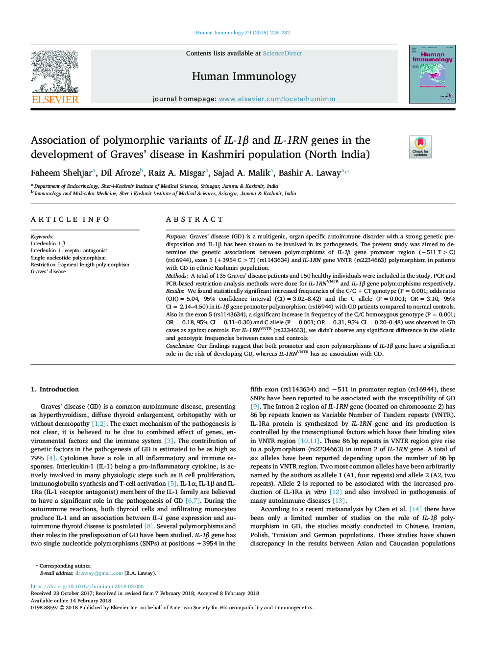 Association of polymorphic variants of IL-1Î² and IL-1RN genes in the development of Graves' disease in Kashmiri population (North India)