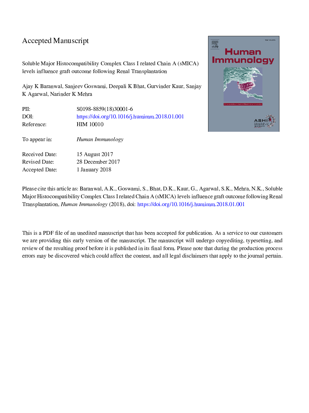 Soluble Major Histocompatibility Complex Class I related Chain A (sMICA) levels influence graft outcome following Renal Transplantation