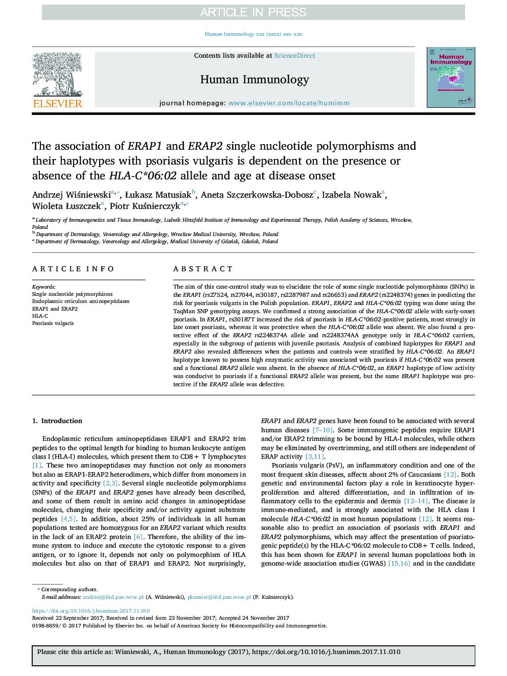 The association of ERAP1 and ERAP2 single nucleotide polymorphisms and their haplotypes with psoriasis vulgaris is dependent on the presence or absence of the HLA-C*06:02 allele and age at disease onset