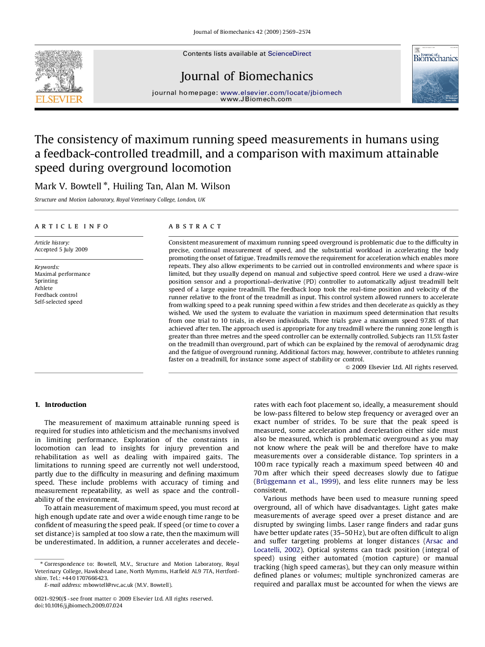 The consistency of maximum running speed measurements in humans using a feedback-controlled treadmill, and a comparison with maximum attainable speed during overground locomotion