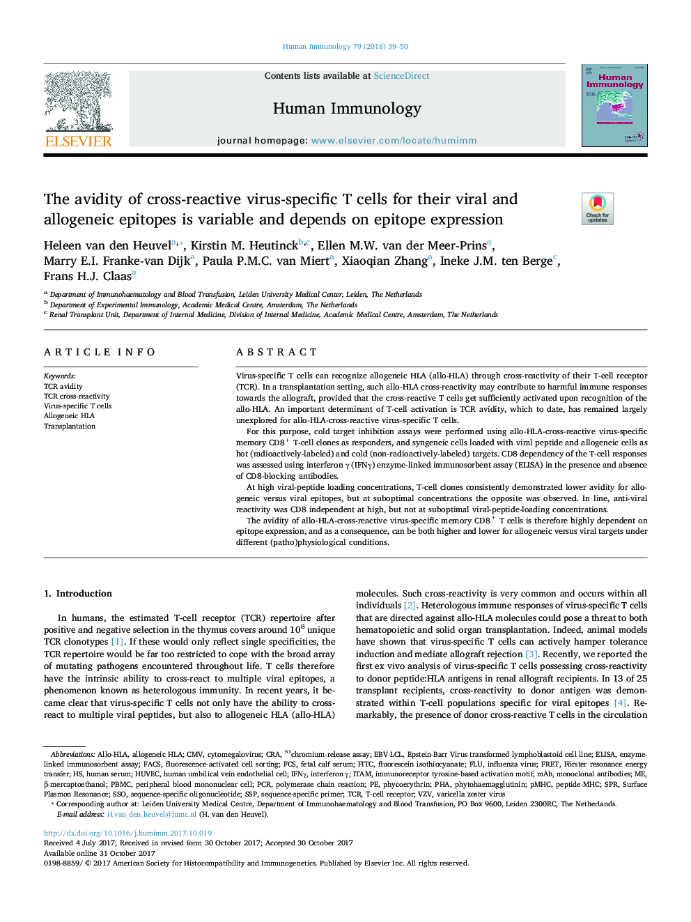 The avidity of cross-reactive virus-specific T cells for their viral and allogeneic epitopes is variable and depends on epitope expression