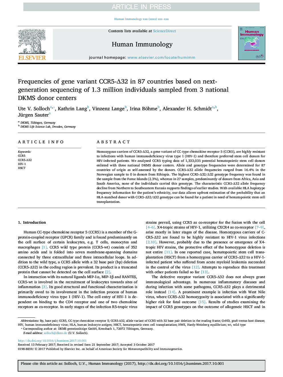 Frequencies of gene variant CCR5-Î32 in 87 countries based on next-generation sequencing of 1.3 million individuals sampled from 3 national DKMS donor centers