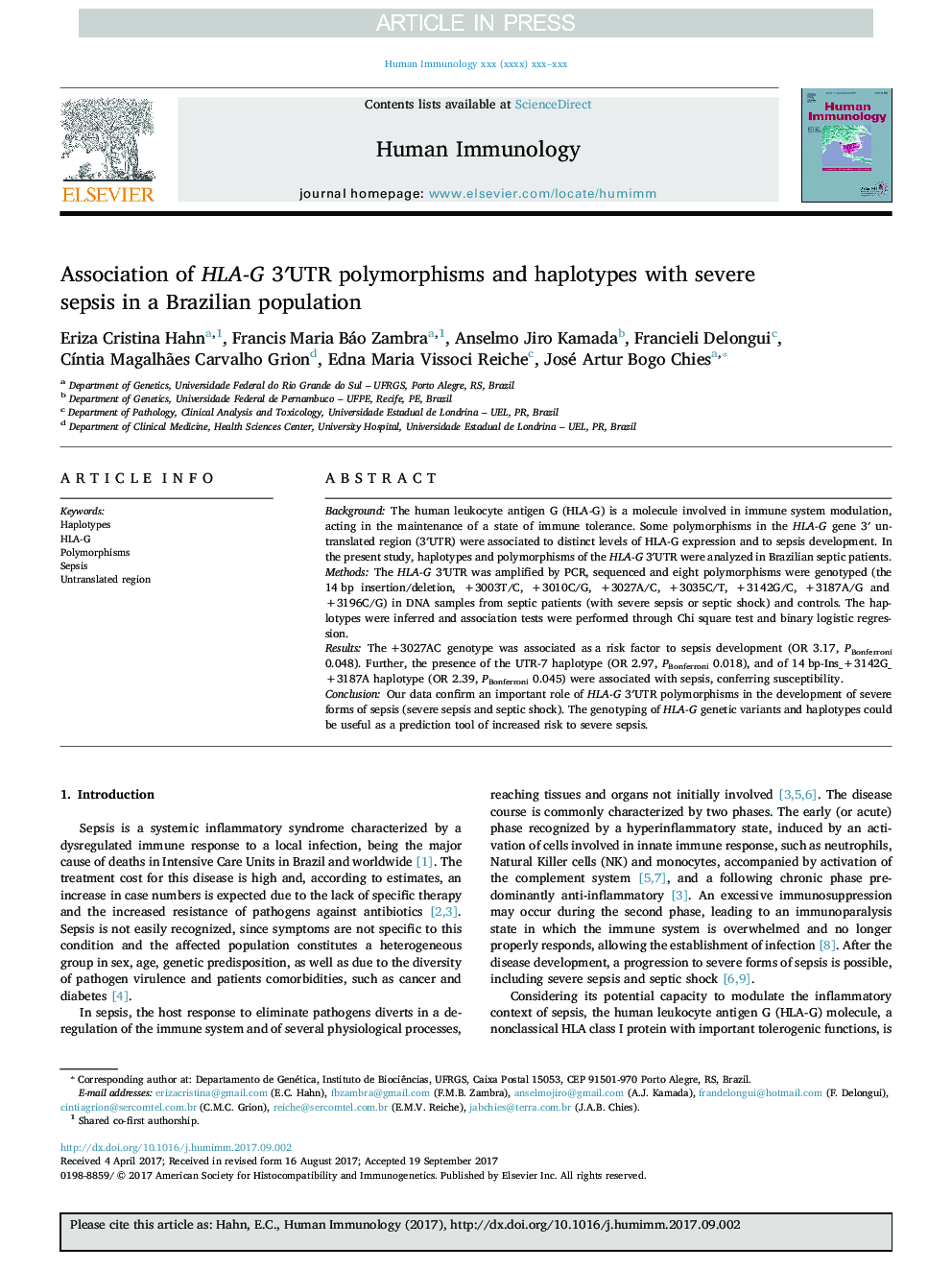 Association of HLA-G 3â²UTR polymorphisms and haplotypes with severe sepsis in a Brazilian population