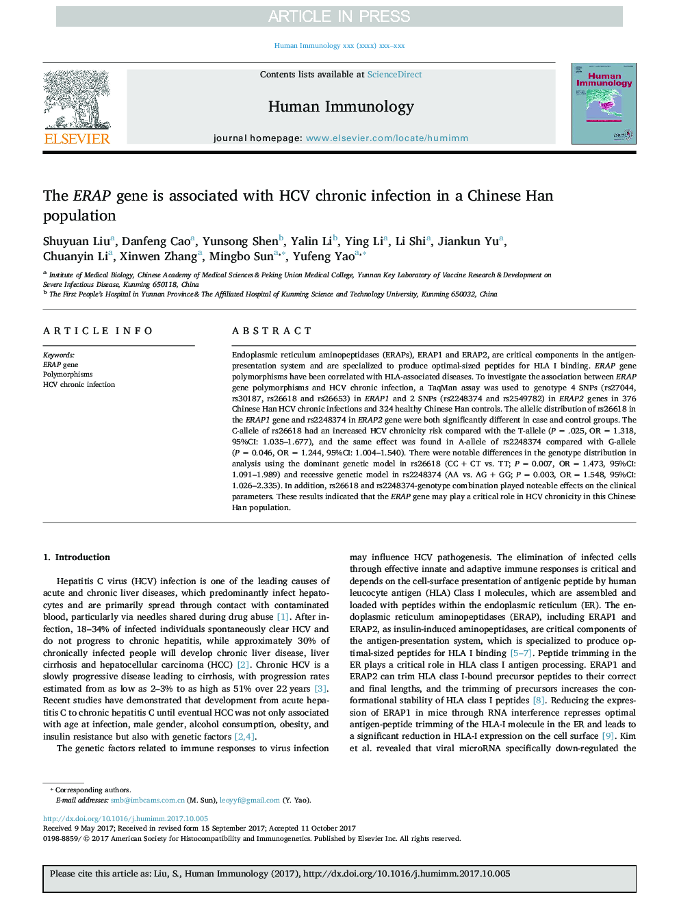 The ERAP gene is associated with HCV chronic infection in a Chinese Han population