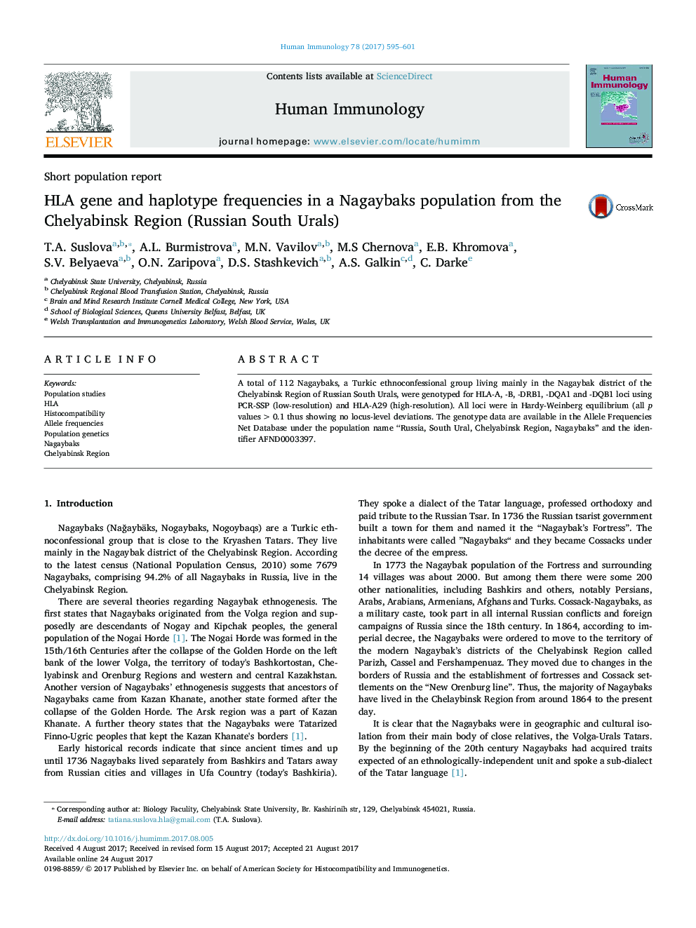 HLA gene and haplotype frequencies in a Nagaybaks population from the Chelyabinsk Region (Russian South Urals)