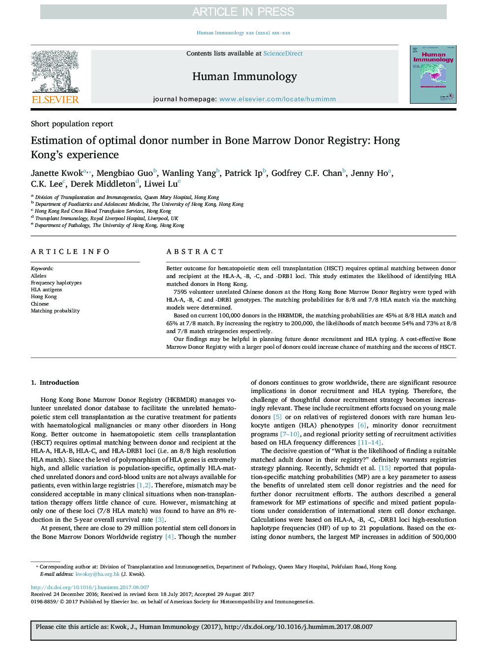 Estimation of optimal donor number in Bone Marrow Donor Registry: Hong Kong's experience