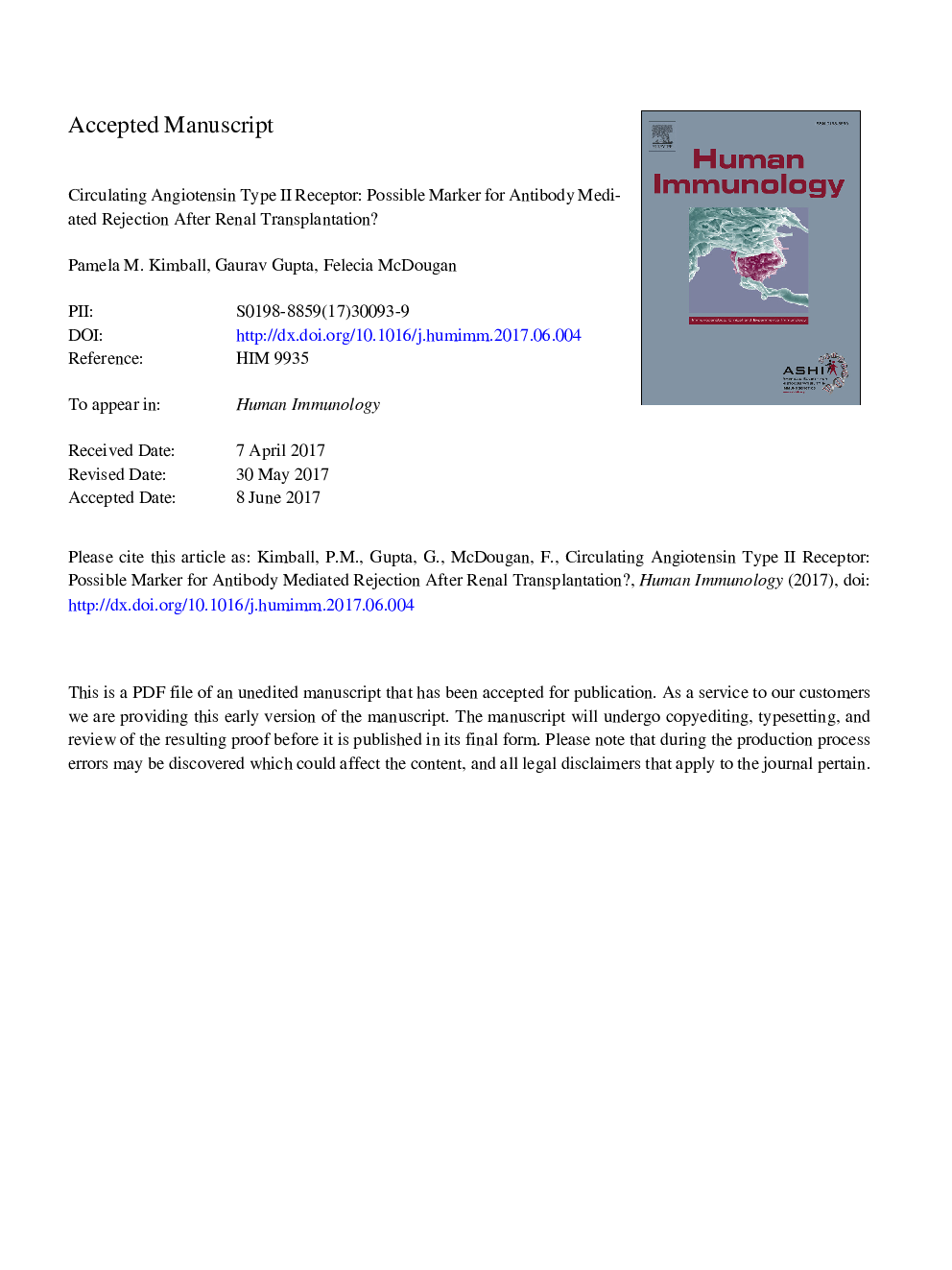 Circulating angiotensin type II receptor: Possible marker for antibody mediated rejection after renal transplantation?