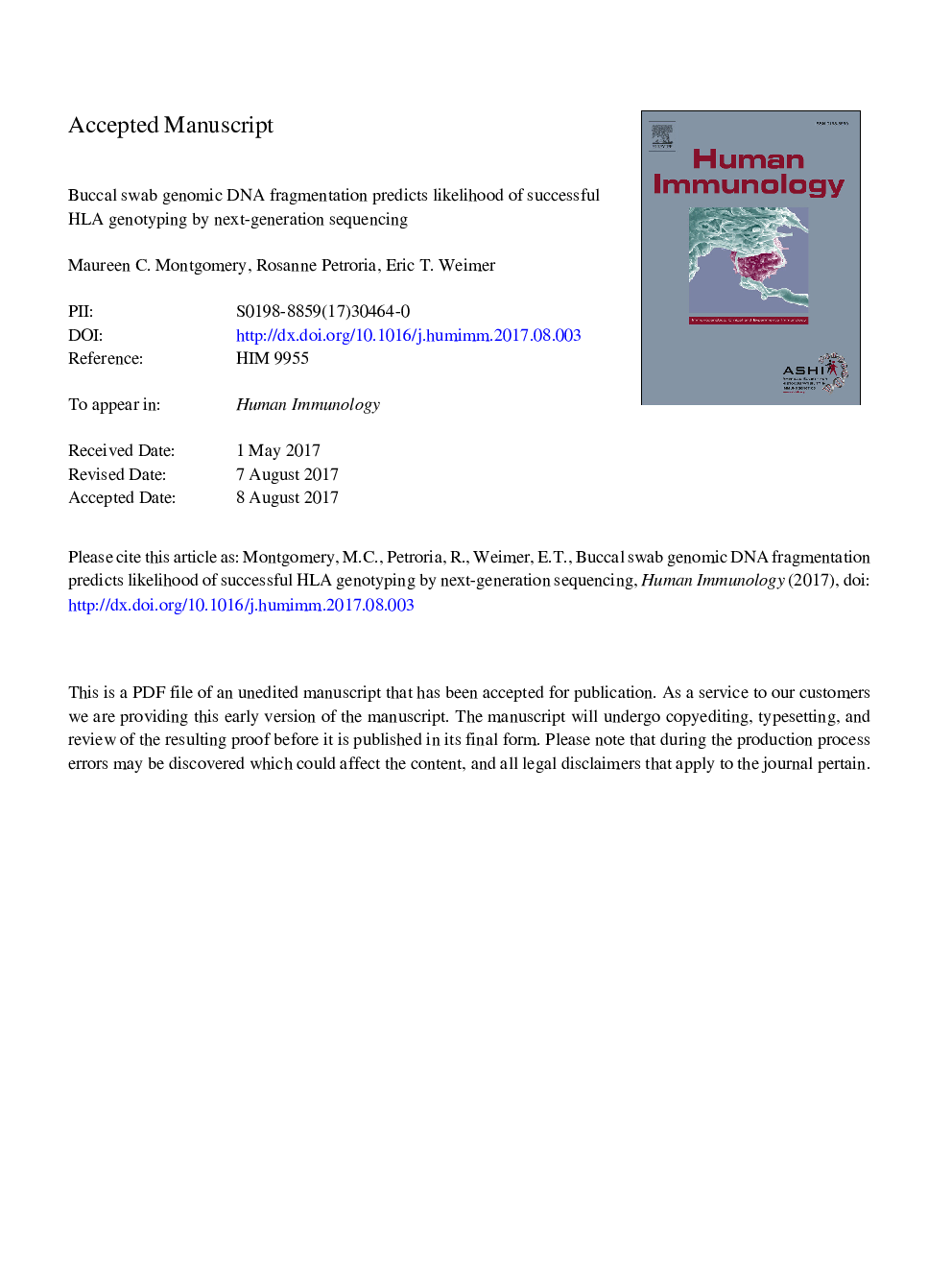 Buccal swab genomic DNA fragmentation predicts likelihood of successful HLA genotyping by next-generation sequencing