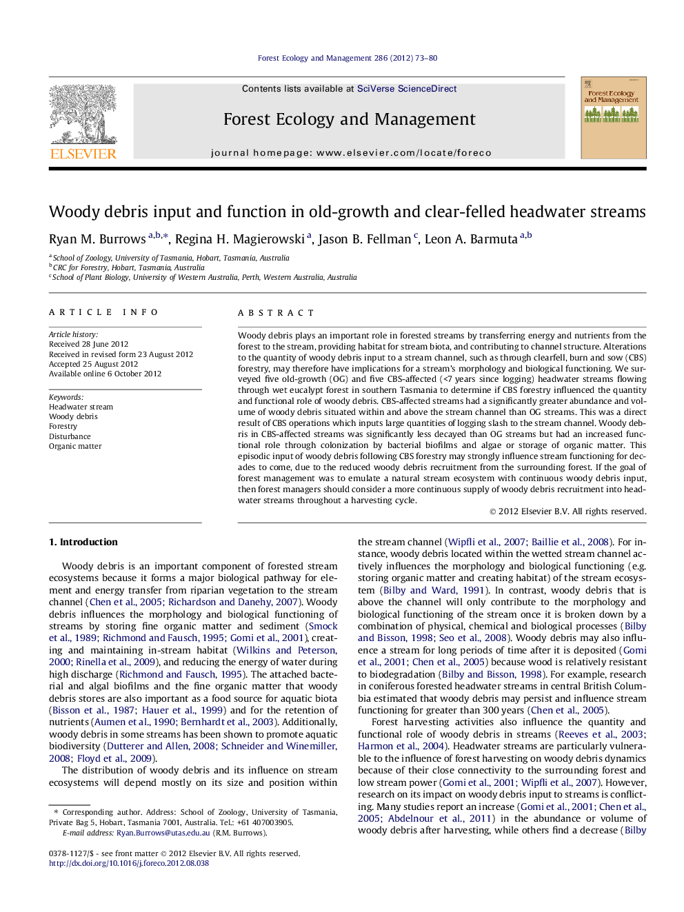 Woody debris input and function in old-growth and clear-felled headwater streams