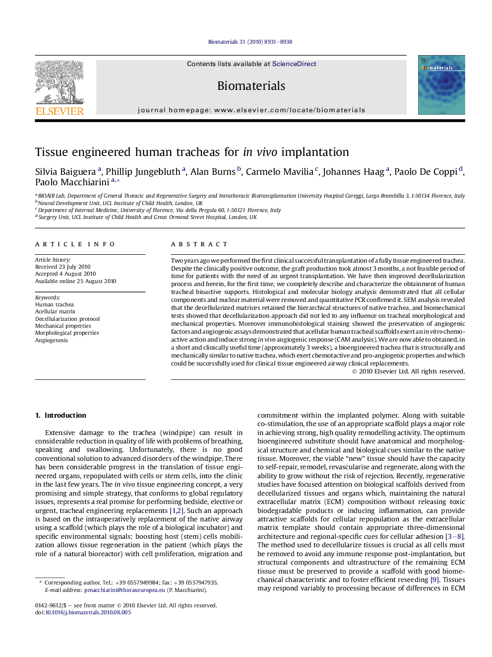 Tissue engineered human tracheas for in vivo implantation