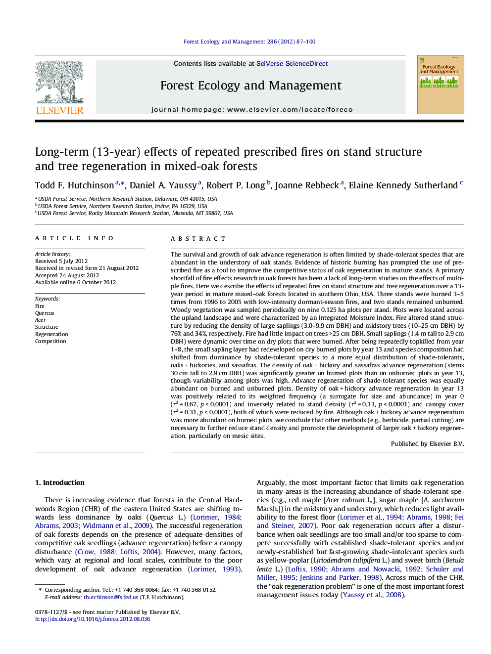 Long-term (13-year) effects of repeated prescribed fires on stand structure and tree regeneration in mixed-oak forests