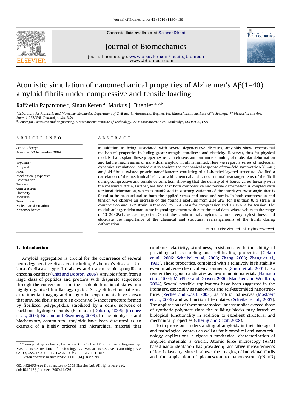 Atomistic simulation of nanomechanical properties of Alzheimer’s Aβ(1–40) amyloid fibrils under compressive and tensile loading